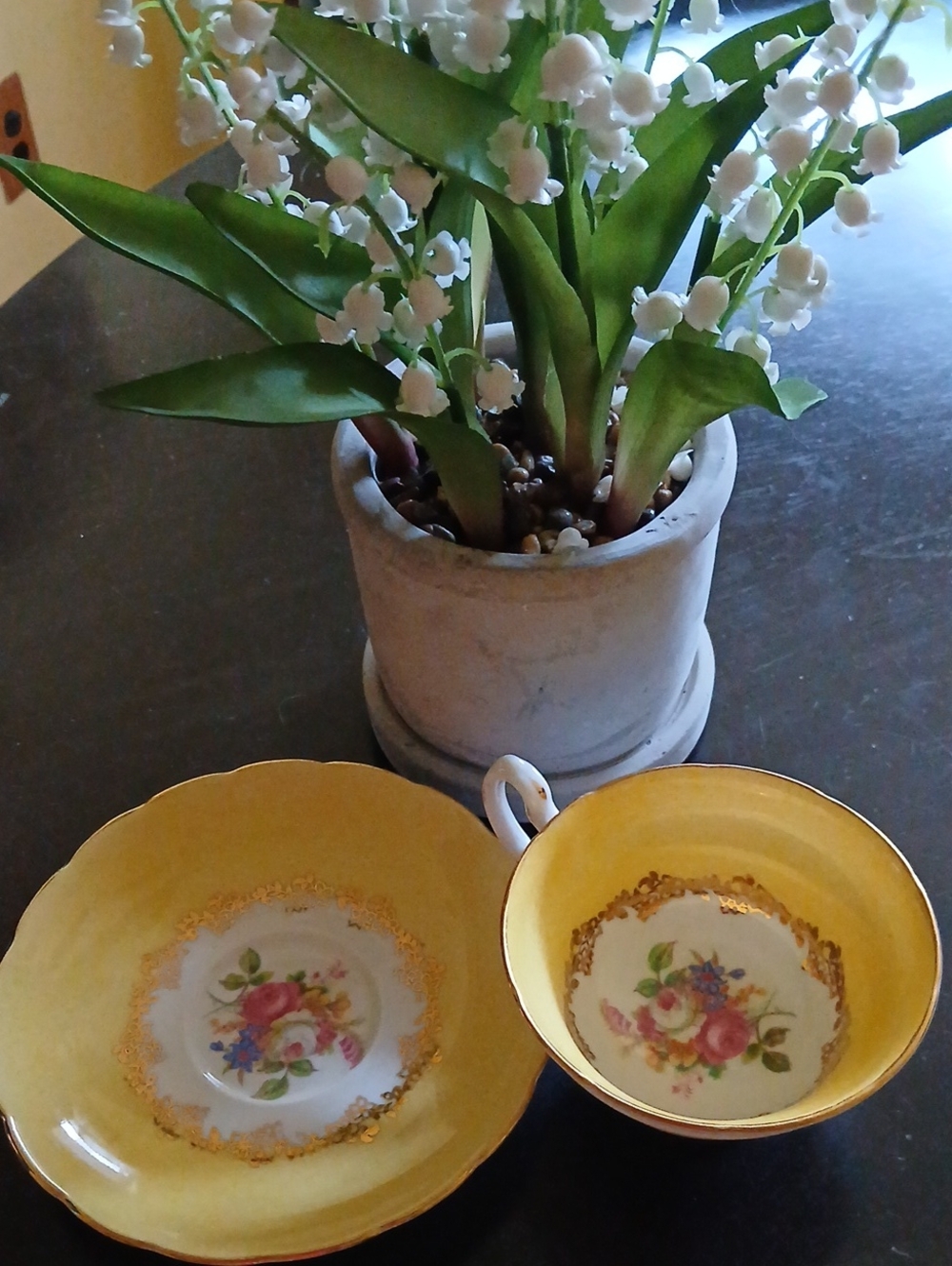 Yellow Floral Porcelain Tea Cup and Saucer Set with Gold Accents